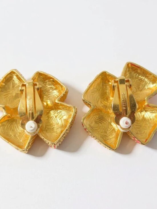 Vintage Givenchy Gold Bow Earrings Clip On Statement 80s Designer - Picture 4 of 4